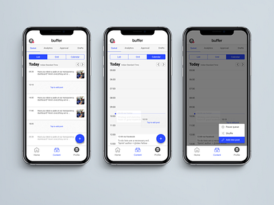 Overview of scheduled content : Buffer case study app apple design buffer design flat ios 12 iphone iphone 10 material design minimal mobile app social media ui uidesign ux