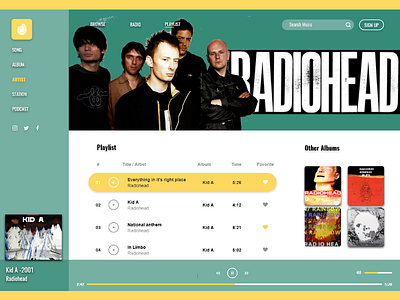 Music app for dektop adobexd app appdesign design kida musicapp radiohead ui ui ux ui ux design uidaily uidesign uidesigner uxdesign webdesign