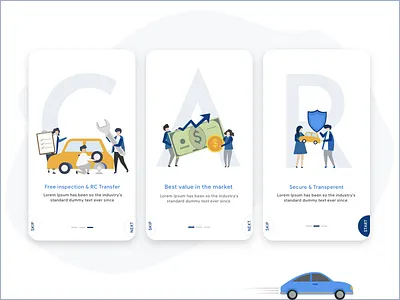 Onboarding Screens blue car app illustration second hand car buy sell app