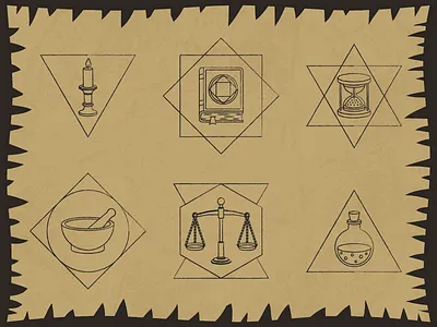 Alchemical Inventory alchemy book candle design fullmetal alchemist hourglass icon illustration inventory papyrus potion scales simbol