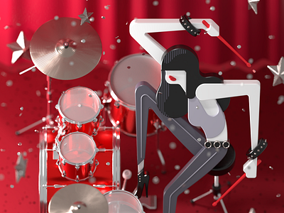 2.5D punk drummer 3d 3d illustration 3d modeling blender bracelets brunette character curtain drum kit drum set drummer drums geometric illustration music punk red render vector