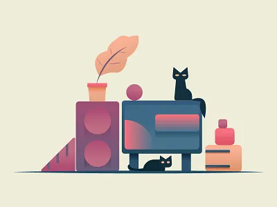 Cat room cat flower houseplant illustration pillows plant pot room speakers tv vector
