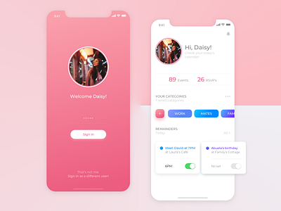 time management - planner app concept calendar categories clean event app gradient iphone x light theme mobile app planner profile image reminders sign in page sketch time management ui ux