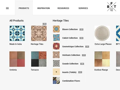 Product Navigation bft website catalogue cement tiles ecommerce flooring mumbai navigation navigation bar navigation design navigation menu ux