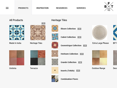 Product Navigation bft website catalogue cement tiles ecommerce flooring mumbai navigation navigation bar navigation design navigation menu ux