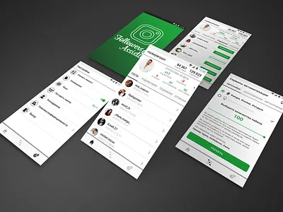 Mobile App Followers Assistant PRO android app design guests instagram interaction likes list mobile options playmarket screens settings splash statistics subscribers tags ui ux web