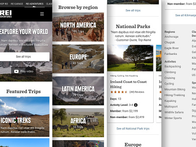 REI Adventures Homepage adventures design systems hiking homepage landing page outdoors product rei responsive web travel ui ux website