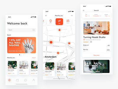 Salon booking app ✂️ app booking branding filter ios map salon salons treatment ui ux