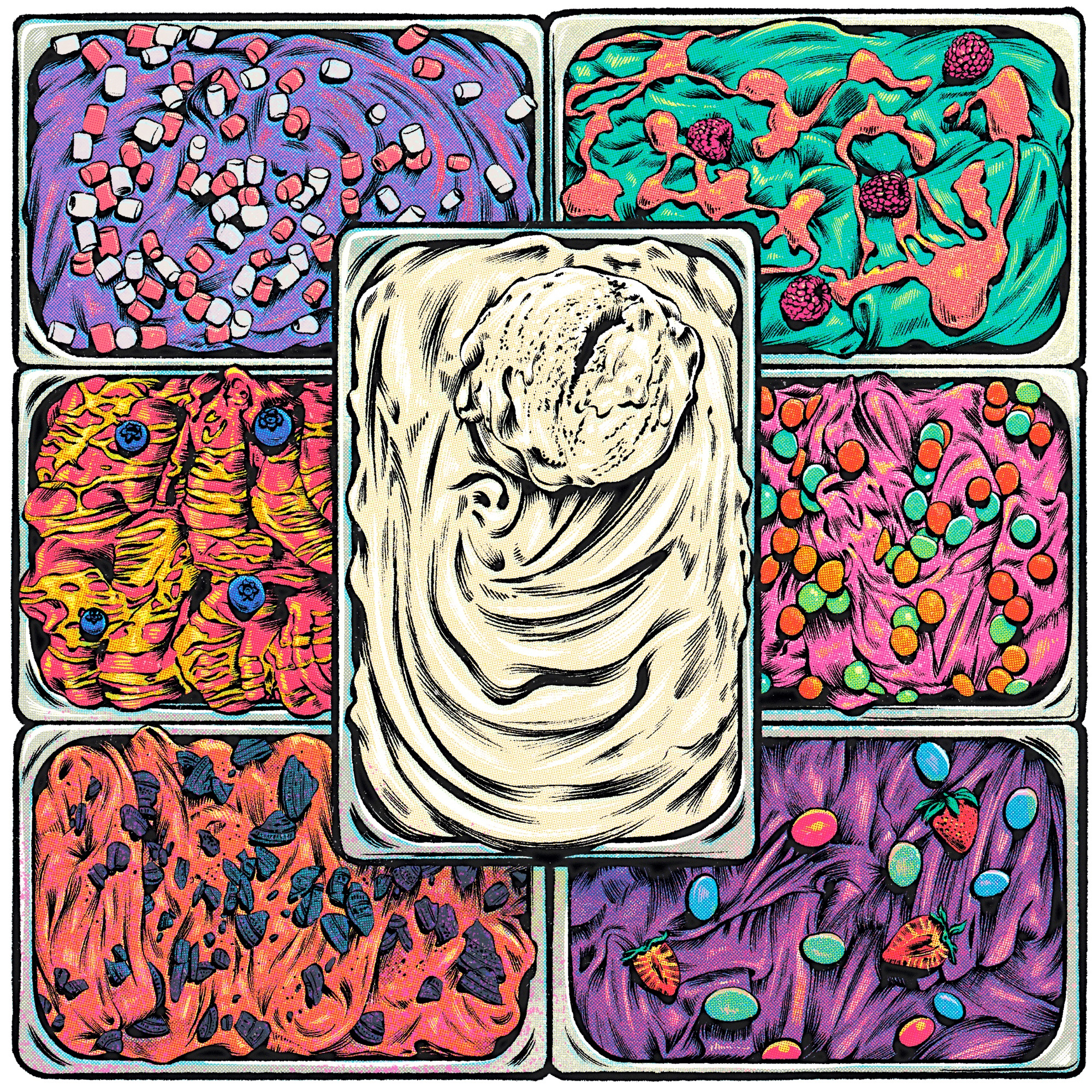 This is ice cream. colourful comic comic style flavour golden age halftones ice cream illustration neo retro retro tasty trippy true grit vintage