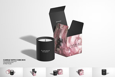 Candle With Cube Box Package Mockup box box package mockup candle candle mockup candle vessel ceramic cube box mockup cube box package mockup custom label gift gift box label mock up package mockup packaging packaging mockup personalized scented soy wax wax candles