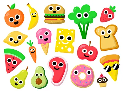 Foodies apple banana broccoli cheese cupcake dessert doughnut faces food fruit illustration orange pear pizza strawberry texture vector vegetables veggies watermelon
