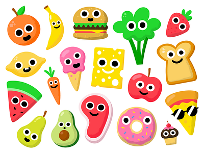 Foodies apple banana broccoli cheese cupcake dessert doughnut faces food fruit illustration orange pear pizza strawberry texture vector vegetables veggies watermelon