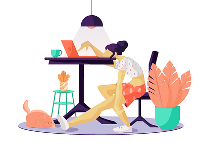 Tired flat vector girl illustration leaves light pet work