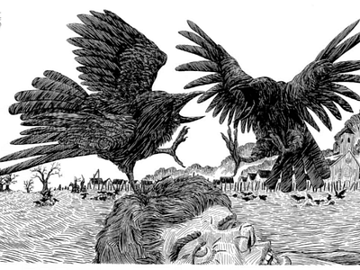 To the Victor Go the Spoils art corpse crow crows fire illustration pen and ink smoke town war