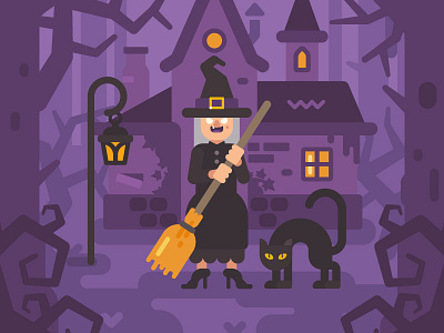 Old hag cartoon cat character design fantasy flat halloween illustration vector witch witchcraft