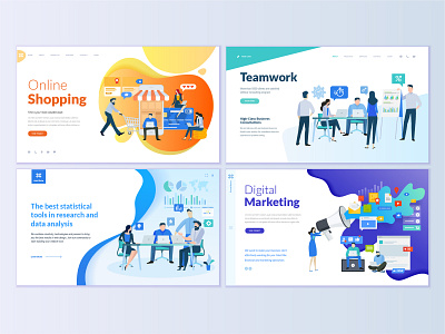 Set of web page design templates for e-commerce and marketing abstract app business concept e commerce flat icon illustration interface layout logo marketing people shopping teamwork technology template vector web web site