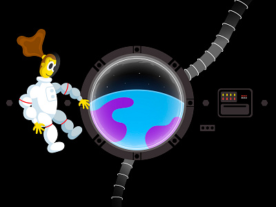 Life in Space astronaut character moon planet rocket space stars universe window