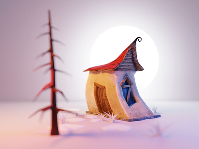 Tim Burton Styled Cabin 3d blender building cabin cottage design fantasy house illustration lowpoly model painting render substance painter texture painting tim burton woods