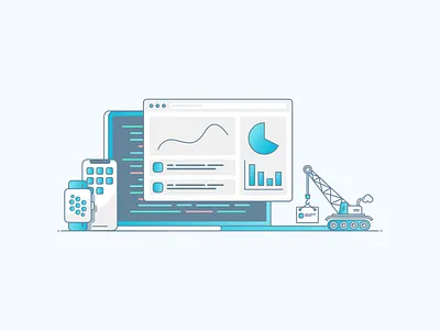 We build custom software apps code computer crane development icon illustration software software company work