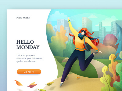 Hello Monday autumn autumn leaves city color girl character girl illustration illustration motivation ui web webillustration work