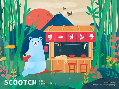 Scootch: The Explorer adventure bamboo bamboo forest bear cat flower forest illustration illustrator japan japanese japanese food nature novel polar polar bear polarbear ramen sunset ui