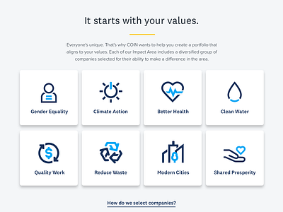 COIN Impact Area icons branding design finance finance app fintech homepage design icon illustration impact investing landing page ui vector web website