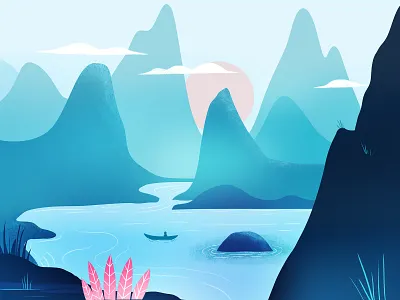 Blue Lagoon illustration lagoon mountains nature peace vector