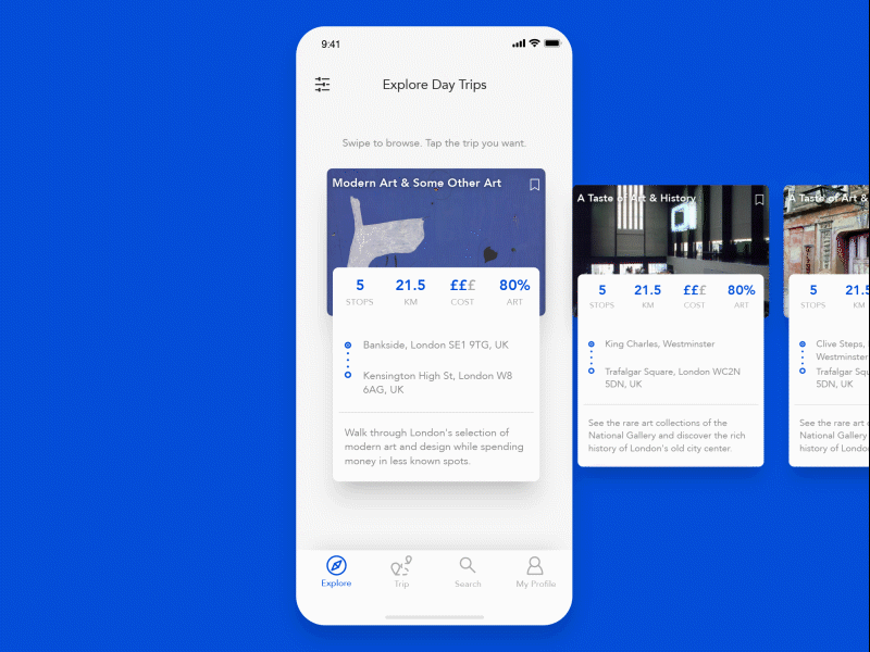 Day trip cards app card gif information design mobile route travel trips typography ui ux