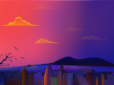 Sunset city mountain night view sea the setting sun warm colors