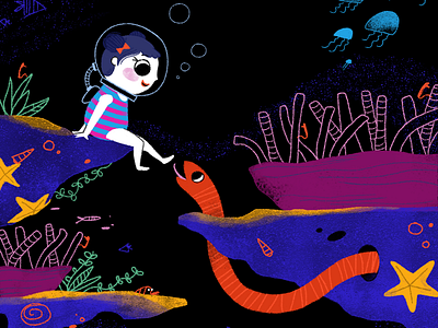 Eva plays with sea creatures cartoon character children children art childrensbook childrensillustration cute doodle drawing fish girl illustration kid kidlitart mermaid photoshop picturebook sea swim wacom