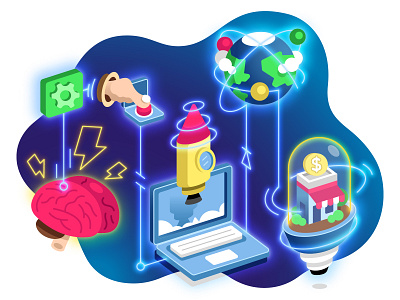 The life cycle of ideas brainstorming consulting icon illustration isometric laptop launch marketplace marketplaces