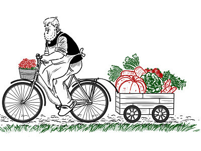 Gärtner Pötschke with bike carrying several vegetables cartoon cartoon character cartoon comic garden gardener germany illustration poetschke vegetables vegetarian