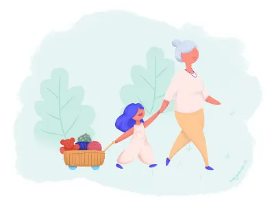 Going to the Park caregiver digital art girl grandma illustration midnightdoodles nanny poppy wagon