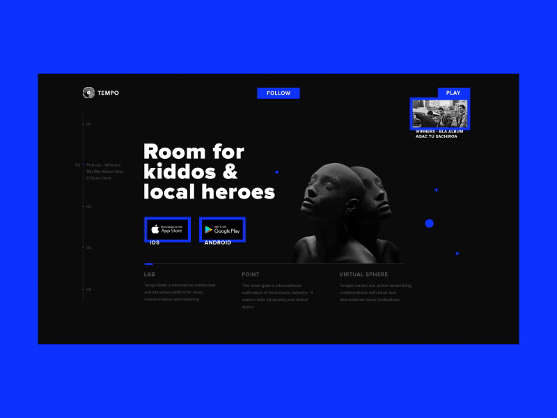 Push The Tempo andoid animation blog blue concept design glitch ios minimal music navigation radio simple tempo timeline typography ui ux web website
