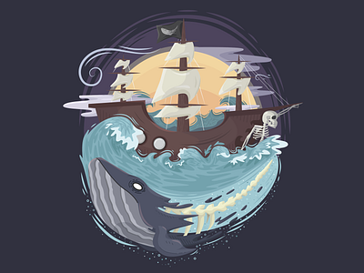 Whale adobe illustrator design illustration inktober 2018 ship skeleton sunset vector whale