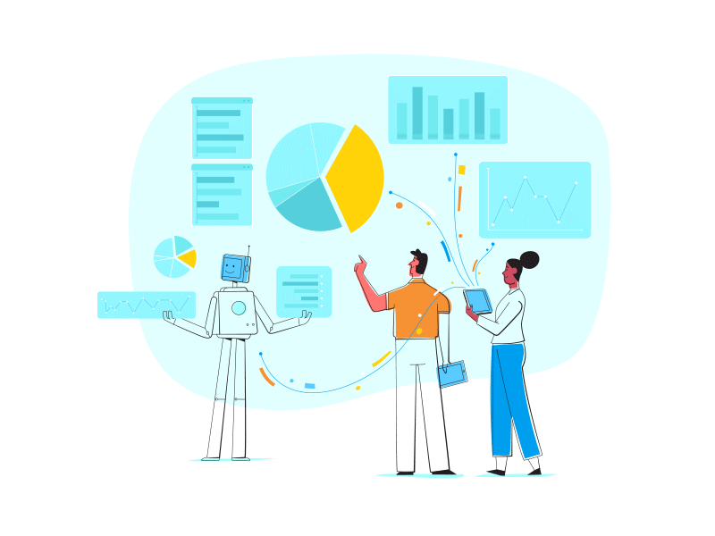 Yellowfin characters charts dashboard data illustration robot tech vector
