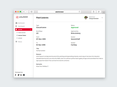 Durar HR Past Leave Details admin panel adminpanel design dasboard dashboard design dashboard template dashboard ui durar hr solution sidemenu sidemenu with icons social media icons typography ui elements ui ux design uidesign ux vinayapanicker