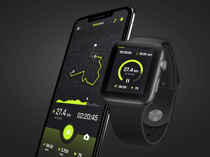 Sport app & apple watch concept adobe xd animation apple dark endomondo fitness garmin graph interactive vision intervi jogging music navigation principle running sketch sport strava timer watch