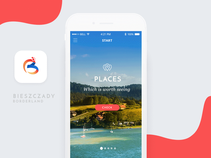 Main Screen Animation Bieszczady Borderland animation app interaction journey menu places red slider touristic trail travel trip ui ux