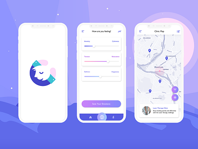 Self Help app app blue card clean custom emotion gradient ios loacation map minimal mobile pin purple shadow sliders ui user interface ux white