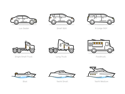 Steam Wash: Big Icons Pack app boat car foodtruck icon illustration mobile orange suv truck ui vector yacht