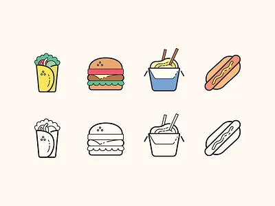 Hand Drawn icons: Fast Food burger color design digital art fast food flat food graphic design hot dog icon icon set icons icons8 illustration noodles outline stroke ui vector wrap