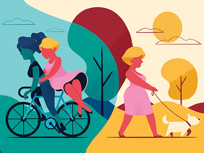 Walk in the Park bike dog illustration people walk walking women