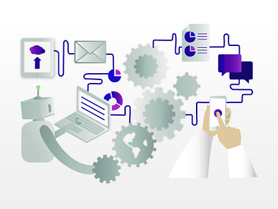 Process Digitalization flat gears gradient illustration ipad laptop lines mobile robot