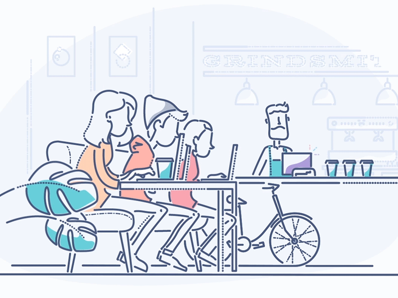 Coffee to go business characters colour and lines finance fintech illustration james oconnell lines minimal payments thumbprint ui