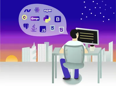 App Developer 2d art app code coffee flat icons illustration stars sunset tech