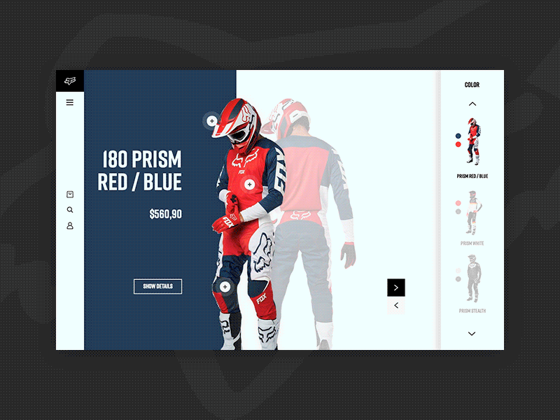 Fox racing motocross concept store animation bike cart dirt e commerce e commerce shop ecommerce extreme fox interactive vision intervi motocross motorcycle product product card product detail redbull shop sport store