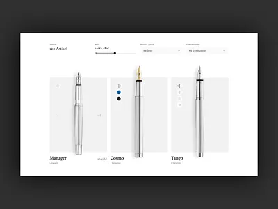 WIP Product Overview for a pen manufacturer clear filter overview page pen pens product product page range slider variants