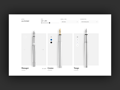 WIP Product Overview for a pen manufacturer clear filter overview page pen pens product product page range slider variants