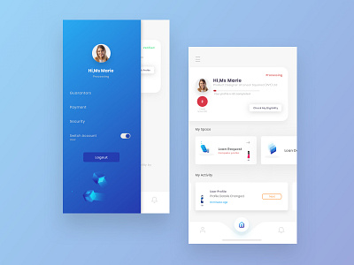 Menu and Home Screen dashbaord loan mobile app design mobile home screen mobile left menu user profile